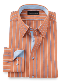 Non-Iron Cotton Stripe Dress Shirt With Contrast Trim - Orange/blue