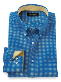 Non-Iron Cotton Geometric Print Dress Shirt With Contrast Trim - Blue