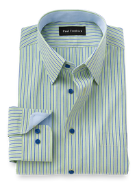 Non-Iron Cotton Stripe Dress Shirt With Contrast Trim - Green/blue