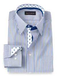 Non-Iron Cotton Stripe Dress Shirt With Contrast Trim - Cobalt