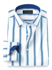Non-Iron Cotton Stripe Dress Shirt With Contrast Trim - Cabalt Aqua