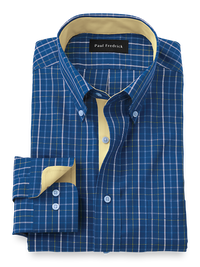 Non-Iron Cotton Tattersall Dress Shirt With Contrast Trim - Cobalt/yellow
