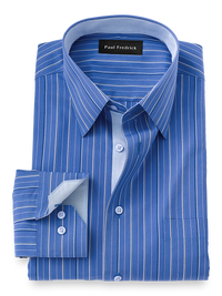 Non-Iron Cotton Stripe Dress Shirt With Contrast Trim - Cobalt