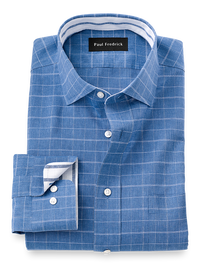 Non-Iron Cotton/linen Check Dress Shirt With Contrast Trim - Blue
