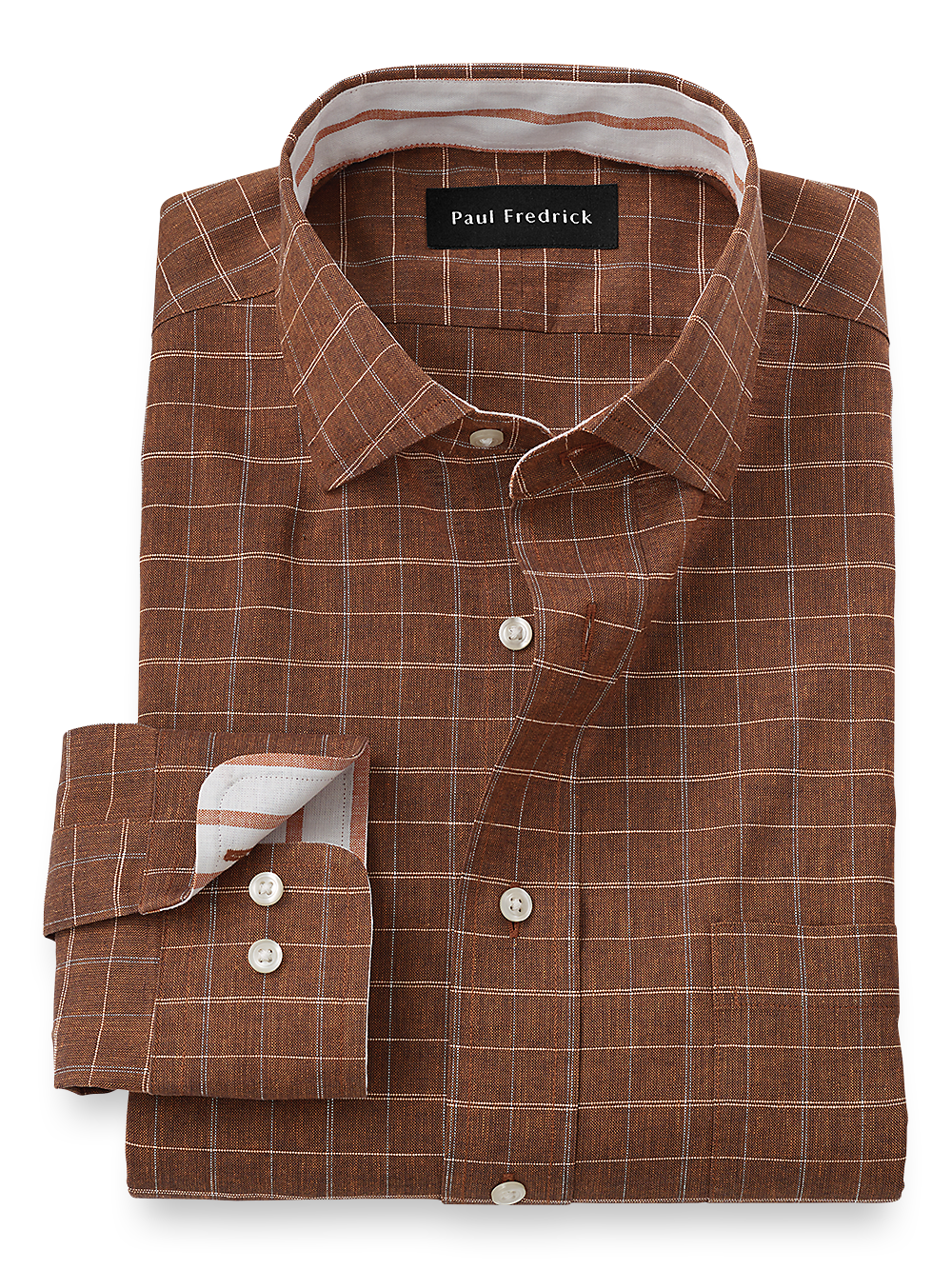 Product Image of Non-iron Cotton/linen Check Dress Shirt With Contrast Trim-Rust