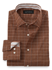 Non-Iron Cotton/linen Check Dress Shirt With Contrast Trim - Rust
