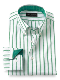 Non-Iron Cotton/linen Stripe Dress Shirt With Contrast Trim - Green