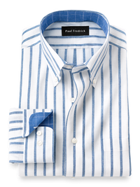 Non-Iron Cotton/linen Stripe Dress Shirt With Contrast Trim - Blue
