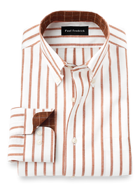 Non-Iron Cotton/linen Stripe Dress Shirt With Contrast Trim - Rust