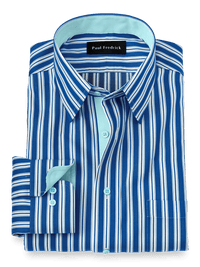 Non-Iron Cotton Stripe Dress Shirt With Contrast Trim - Blue/seafoam