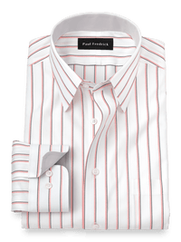 Non-Iron Cotton Stripe Dress Shirt With Contrast Trim - Coral/black
