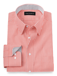 Non-Iron Cotton Stripe Dress Shirt With Contrast Trim - Coral