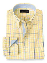 Non-Iron Cotton Windowpane Dress Shirt With Contrast Trim - Yellow/cobalt