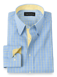Non-Iron Cotton Tattersall Dress Shirt With Contrast Trim - Blue/yellow