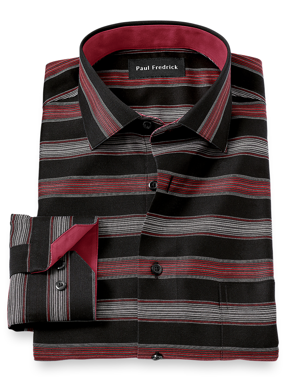 Product Image of Non-iron Cotton Horizontal Stripe Dress Shirt With Contrast Trim-Black/Brick