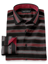 Non-Iron Cotton Horizontal Stripe Dress Shirt With Contrast Trim - Black/brick