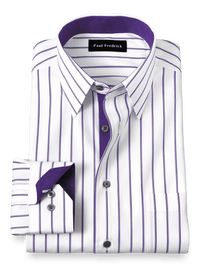 Non-Iron Cotton Stripe Dress Shirt With Contrast Trim - White/purple