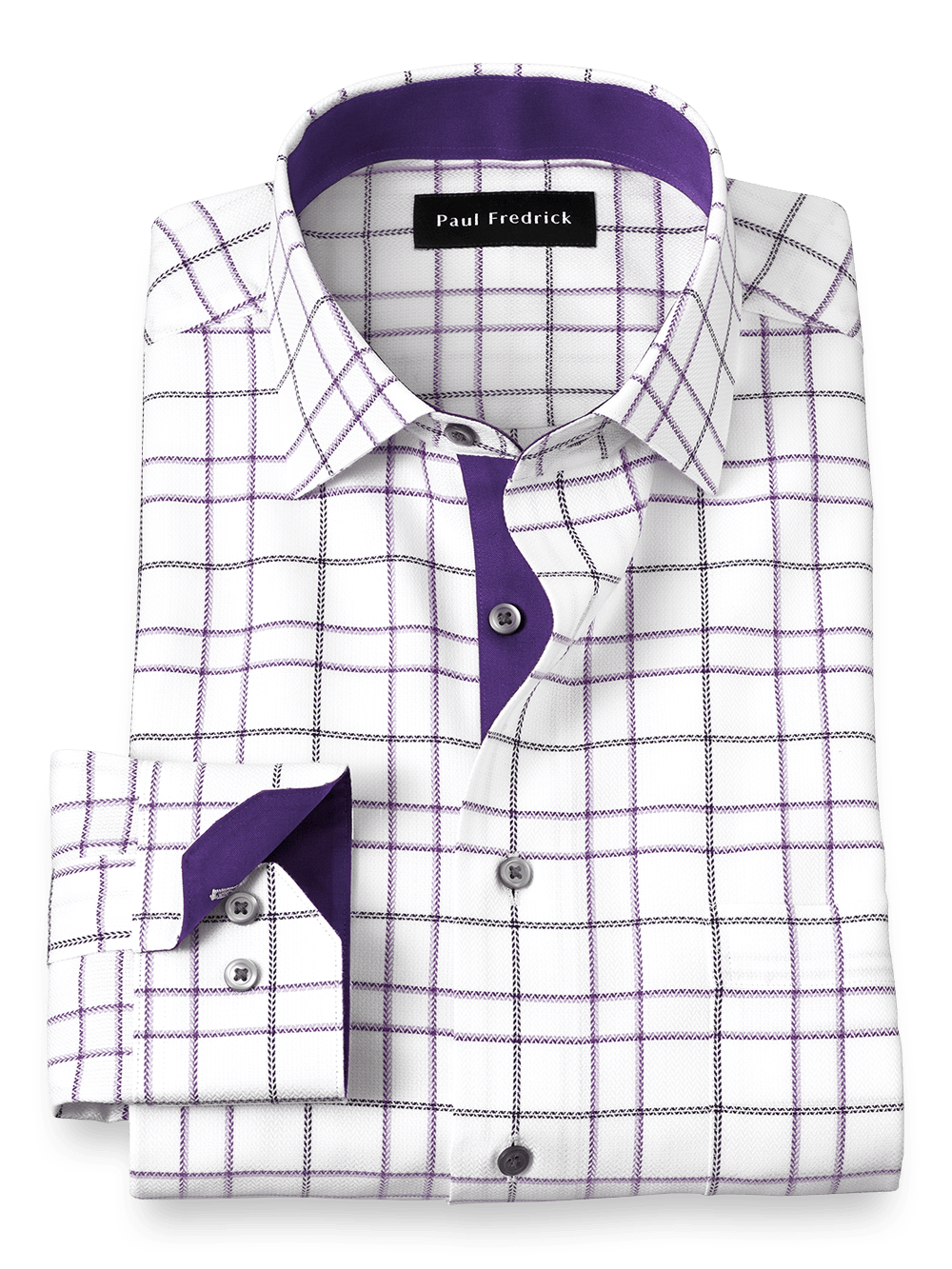 Product Image of Non-iron Cotton Windowpane Dress Shirt With Contrast Trim-White/Purple