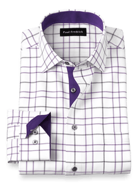Non-Iron Cotton Windowpane Dress Shirt With Contrast Trim - White/purple