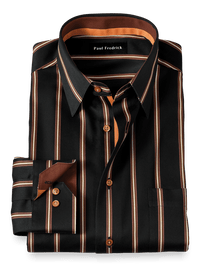 Non-Iron Cotton Stripe Dress Shirt With Contrast Trim - Black/brown