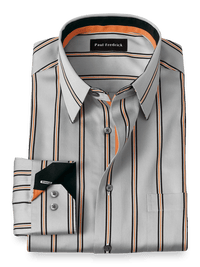 Non-Iron Cotton Stripe Dress Shirt With Contrast Trim - Grey/black