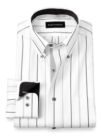 Non-Iron Cotton Stripe Dress Shirt With Contrast Trim - Black/grey