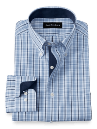 Non-Iron Cotton Glen Plaid Dress Shirt With Contrast Trim - Blue