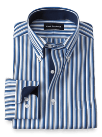 Non-Iron Cotton Stripe Dress Shirt With Contrast Trim - Blue