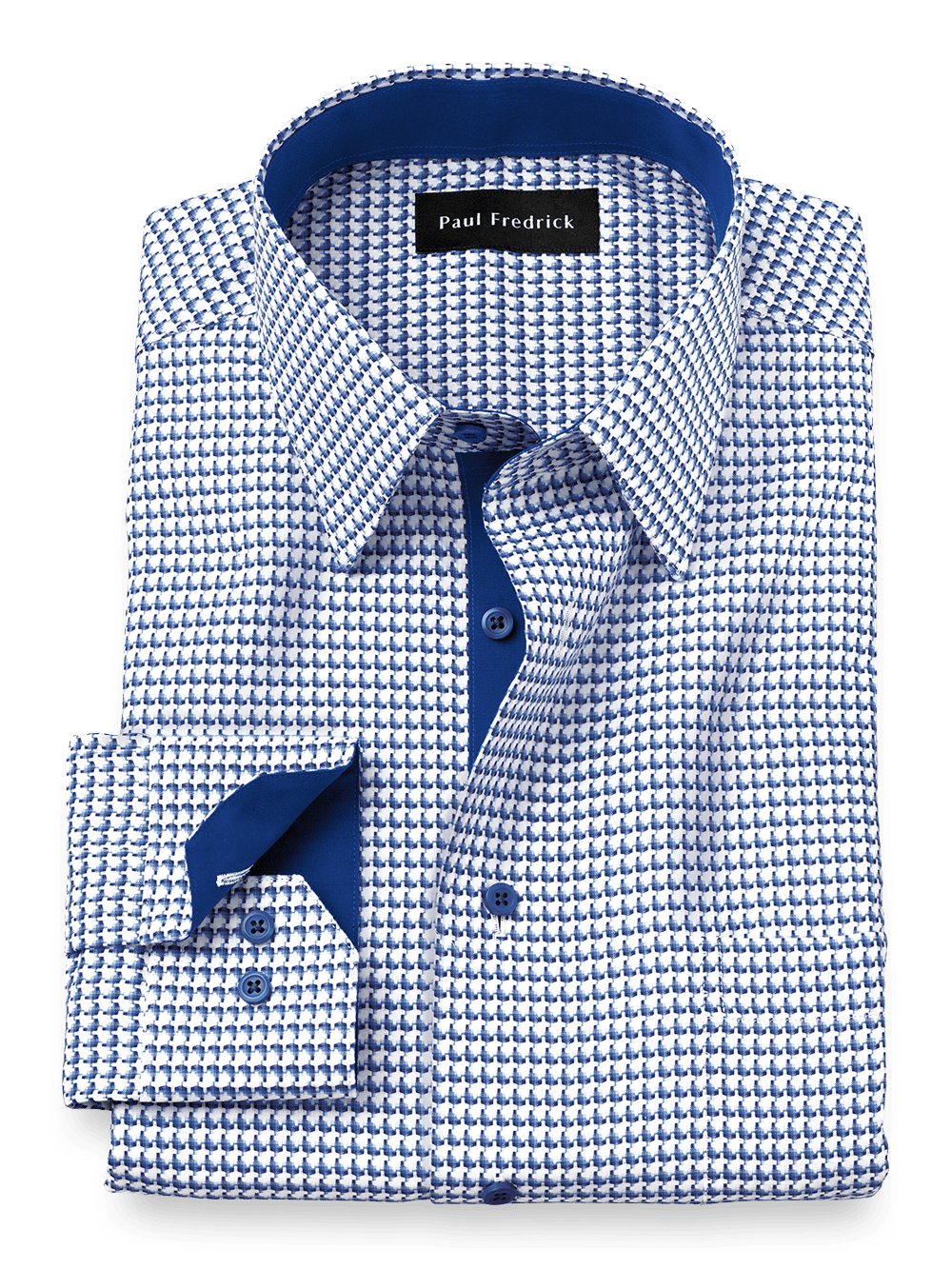 Product Image of Non-iron Cotton Houndstooth Dress Shirt With Contrast Trim-Blue
