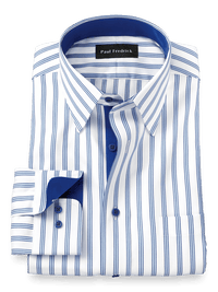 Non-Iron Cotton Stripe Dress Shirt With Contrast Trim - Light Blue