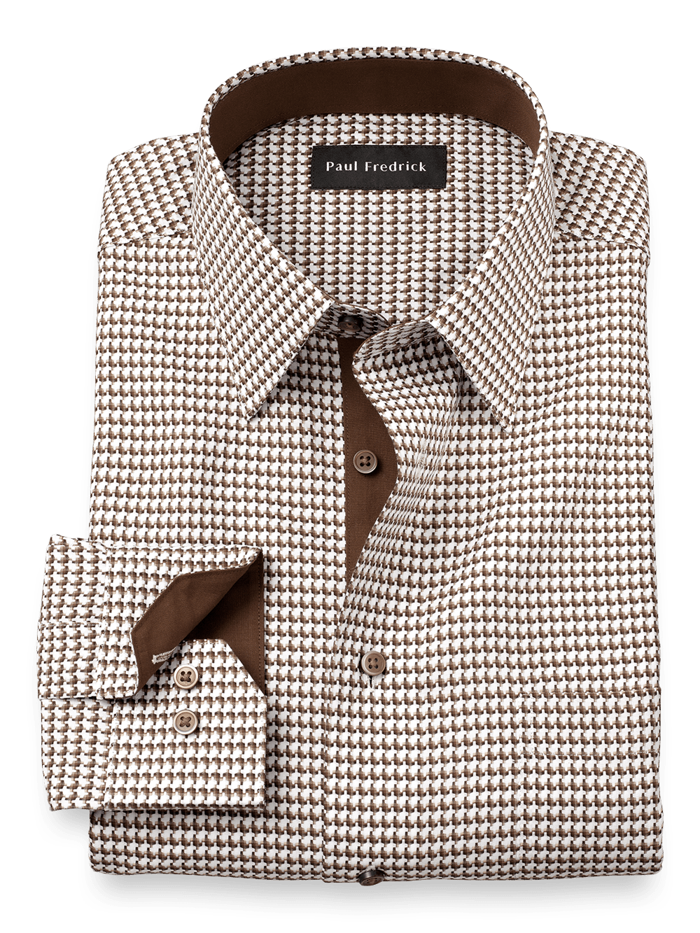 Product Image of Non-iron Cotton Houndstooth Dress Shirt With Contrast Trim-Brown