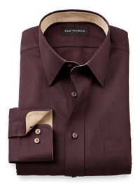 Non-Iron Cotton Solid Dress Shirt With Contrast Trim - Brown