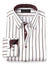 Non-Iron Cotton Stripe Dress Shirt With Contrast Trim - Blue/brown