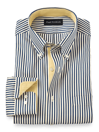 Non-Iron Cotton Stripe Dress Shirt With Contrast Trim - Cobalt/yellow