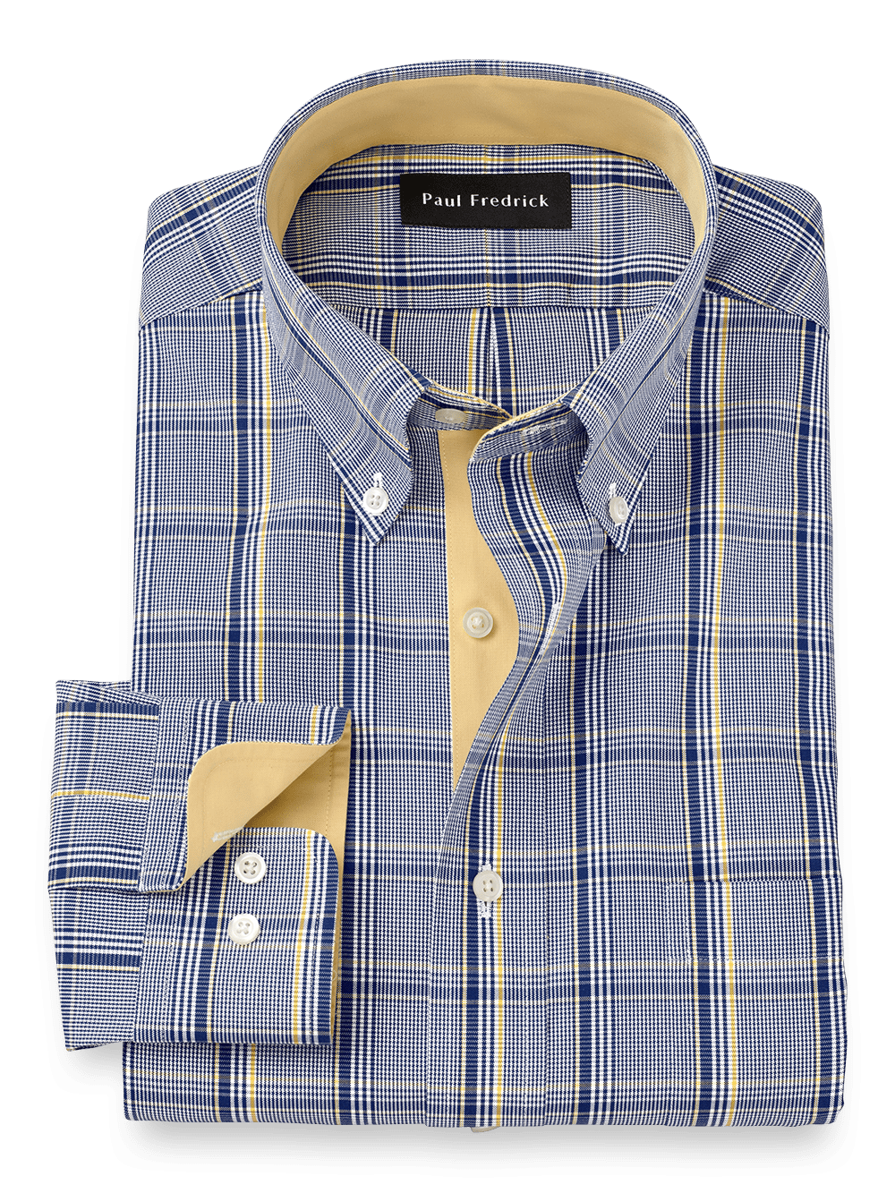 Product Image of Non-iron Cotton Plaid Dress Shirt With Contrast Trim-Cobalt/Yellow