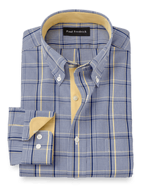 Non-Iron Cotton Plaid Dress Shirt With Contrast Trim - Cobalt/yellow