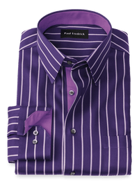 Non-Iron Cotton Stripe Dress Shirt With Contrast Trim - Purple