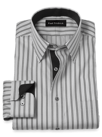 Non-Iron Cotton Stripe Dress Shirt With Contrast Trim - Grey