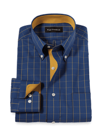 Non-Iron Cotton Check Dress Shirt With Contrast Trim - Blue