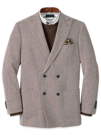Wool Blend Herringbone Double Breasted Peak Lapel Sport Coat - Ivory/brown