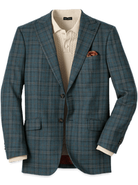 Wool Plaid Single Breasted Peak Lapel Sport Coat - Teal