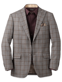Wool Windowpane Single Breasted Peak Lapel Sport Coat - Grey/brown