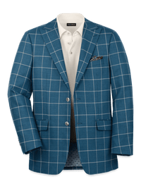 Wool Windowpane Single Breasted Peak Lapel Sport Coat - Teal