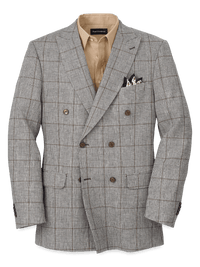 Linen Blend Plaid Double Breasted Peak Lapel Sport Coat - Grey/black