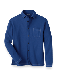 Cotton Blend Button Front Polo - Navy