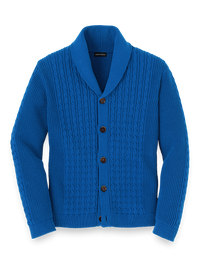 COTTON CABLE BUTTON FRONT CARDIGAN SWEATER - Cobalt