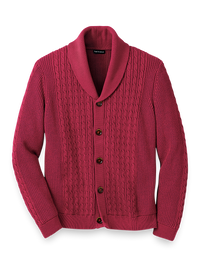 COTTON CABLE BUTTON FRONT CARDIGAN SWEATER - Burgundy
