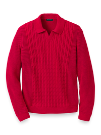 COTTON CABLE V-NECK POLO - Red