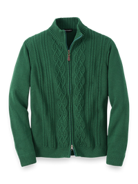 Cotton Full Zip Mock Neck Sweater - Green