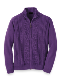 Cotton Full Zip Mock Neck Sweater - Purple